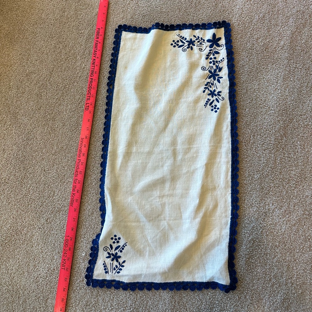 Handmade White Table Runner with Blue Embroidery
